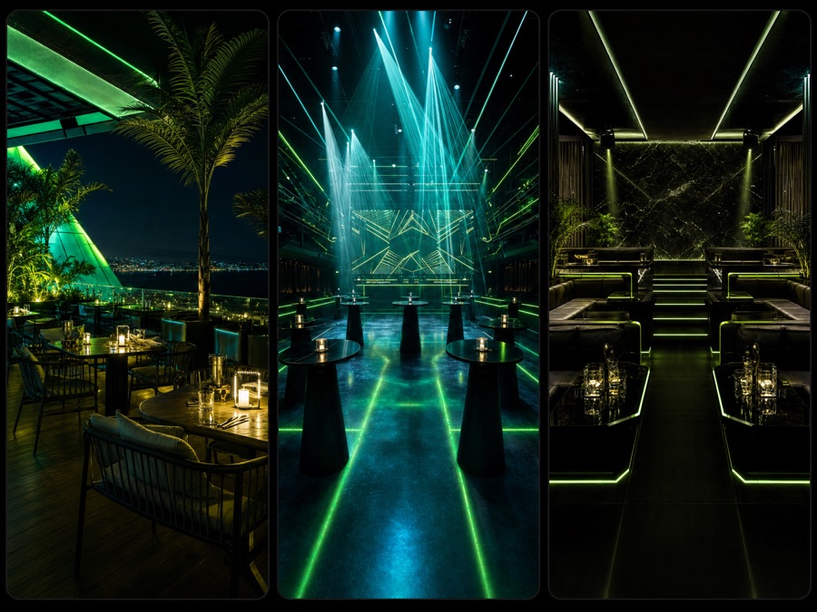 Drei TischGrid Bereichsvisuals für Terrasse, Floor und VIP Bereich